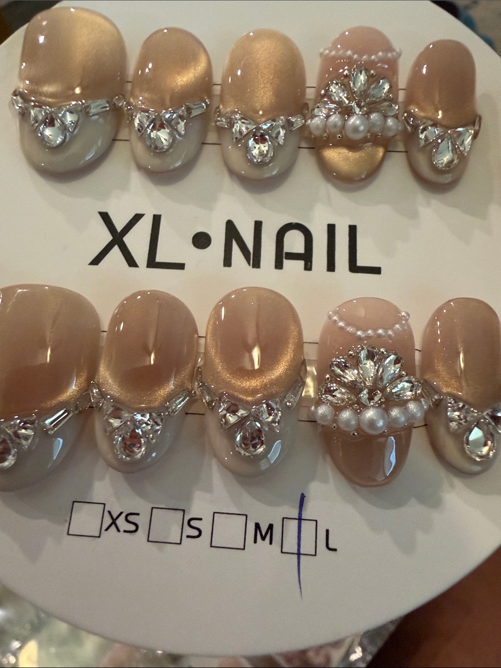 Nude Beige Rhinestone & Pearl handmade acrylic Press-On Nails - L